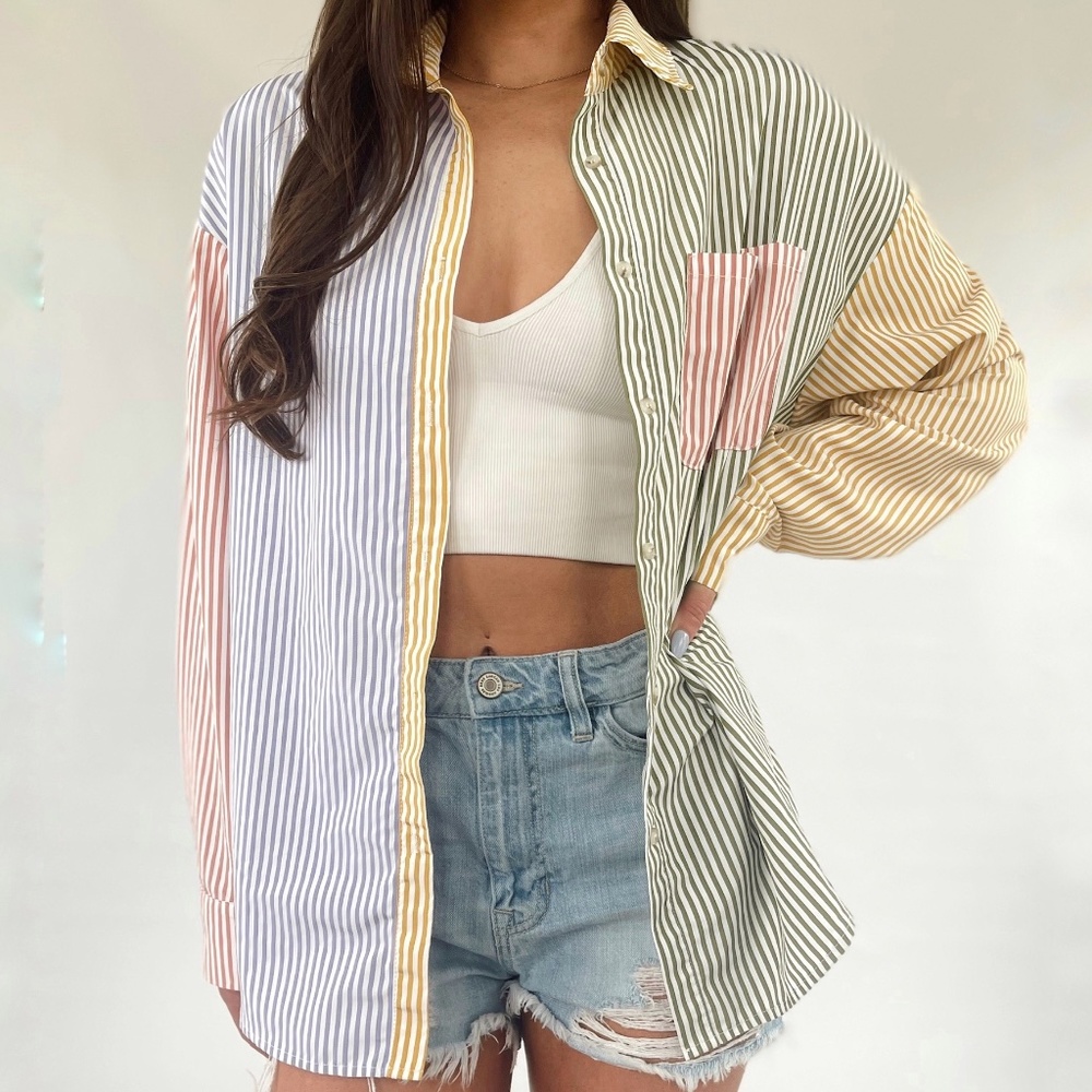 Striped Color Block Button Up